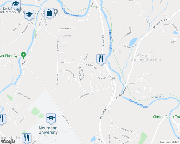 map of restaurants, bars, coffee shops, grocery stores, and more near 261 Miley Road in Aston