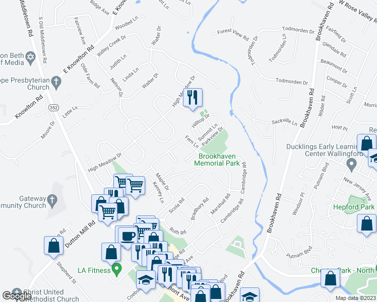 map of restaurants, bars, coffee shops, grocery stores, and more near 7508 Hilltop Drive in Brookhaven