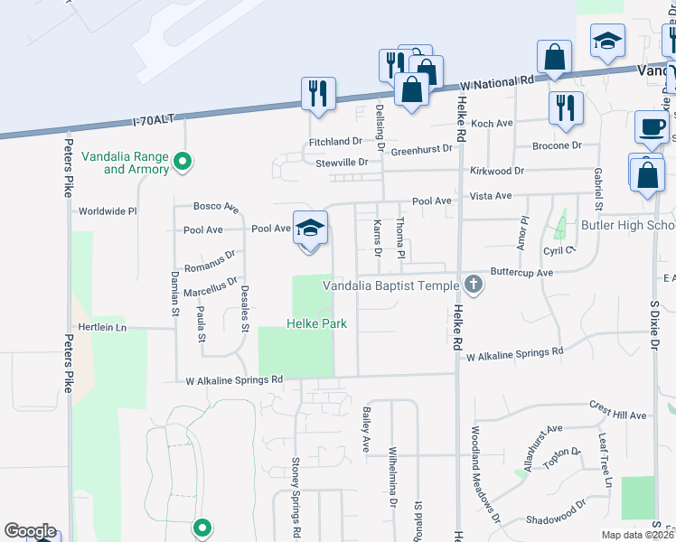 map of restaurants, bars, coffee shops, grocery stores, and more near 648 Randler Avenue in Vandalia