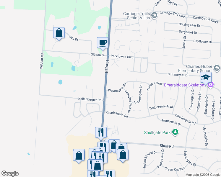 map of restaurants, bars, coffee shops, grocery stores, and more near 5719 Waynegate Road in Dayton