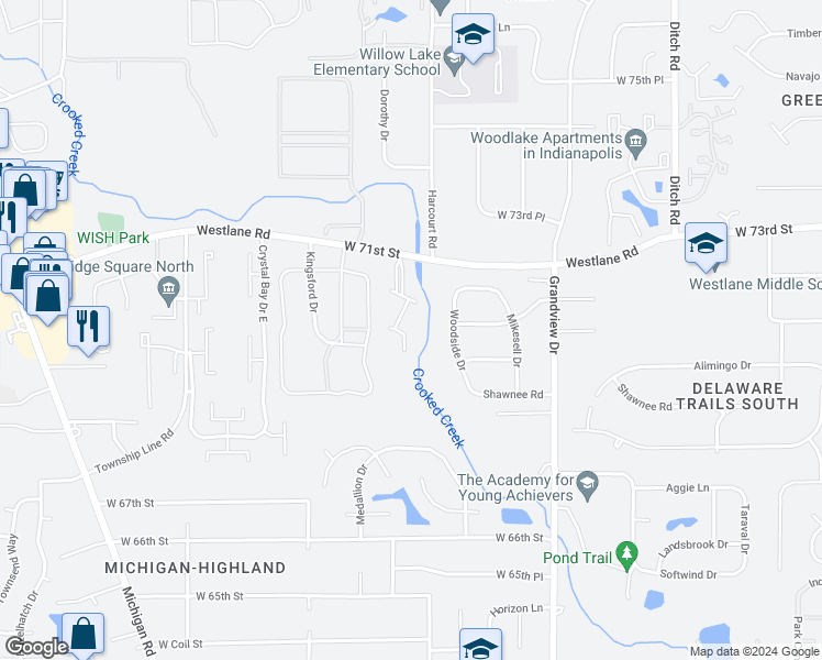 map of restaurants, bars, coffee shops, grocery stores, and more near 7135 Warrior Trail in Indianapolis