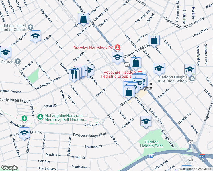 map of restaurants, bars, coffee shops, grocery stores, and more near 28 7th Avenue in Haddon Heights