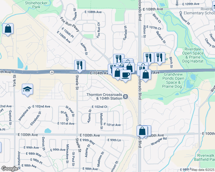 map of restaurants, bars, coffee shops, grocery stores, and more near 3281 East 103rd Place in Thornton