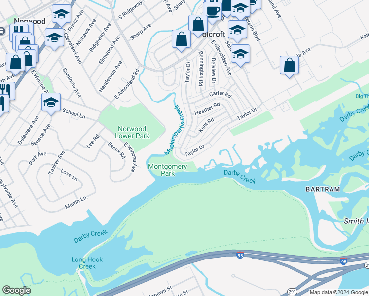 map of restaurants, bars, coffee shops, grocery stores, and more near 931 Taylor Drive in Folcroft