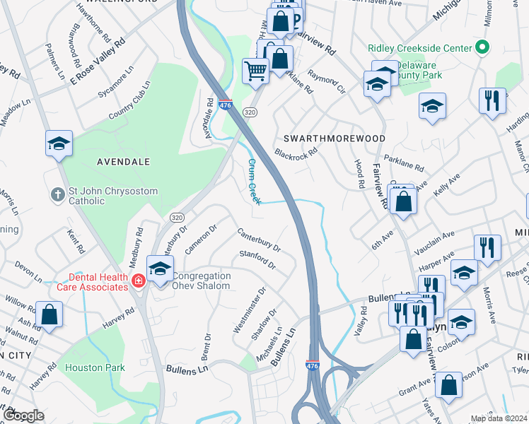 map of restaurants, bars, coffee shops, grocery stores, and more near 800 Avondale Road in Nether Providence Township