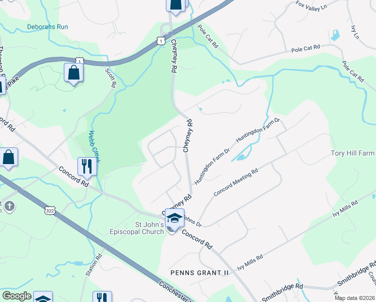 map of restaurants, bars, coffee shops, grocery stores, and more near 47-71 Cheyney Rd in Glen Mills