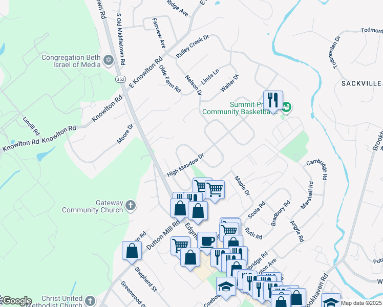 map of restaurants, bars, coffee shops, grocery stores, and more near 121 Meadowburn Lane in Media
