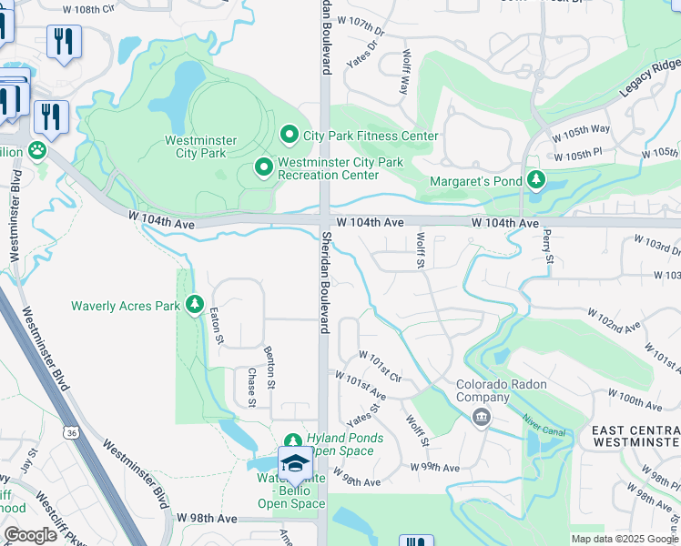 map of restaurants, bars, coffee shops, grocery stores, and more near 10280 Sheridan Boulevard in Westminster