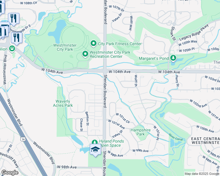 map of restaurants, bars, coffee shops, grocery stores, and more near 10280 Sheridan Boulevard in Westminster
