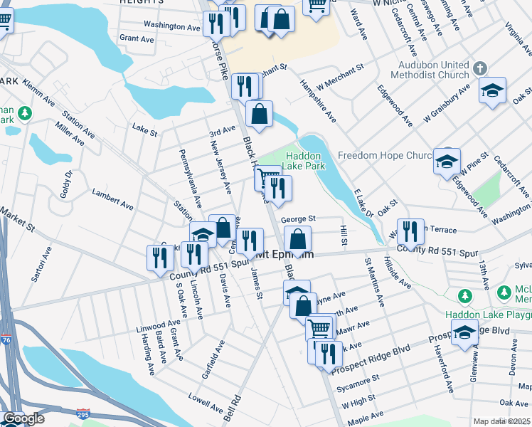 map of restaurants, bars, coffee shops, grocery stores, and more near 127 North Black Horse Pike in Mount Ephraim