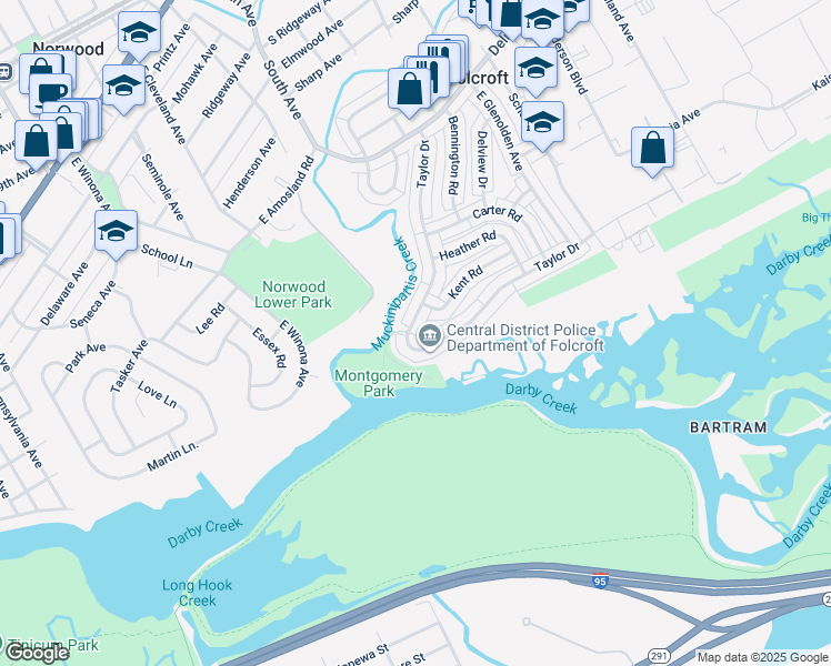 map of restaurants, bars, coffee shops, grocery stores, and more near 931 Taylor Drive in Folcroft
