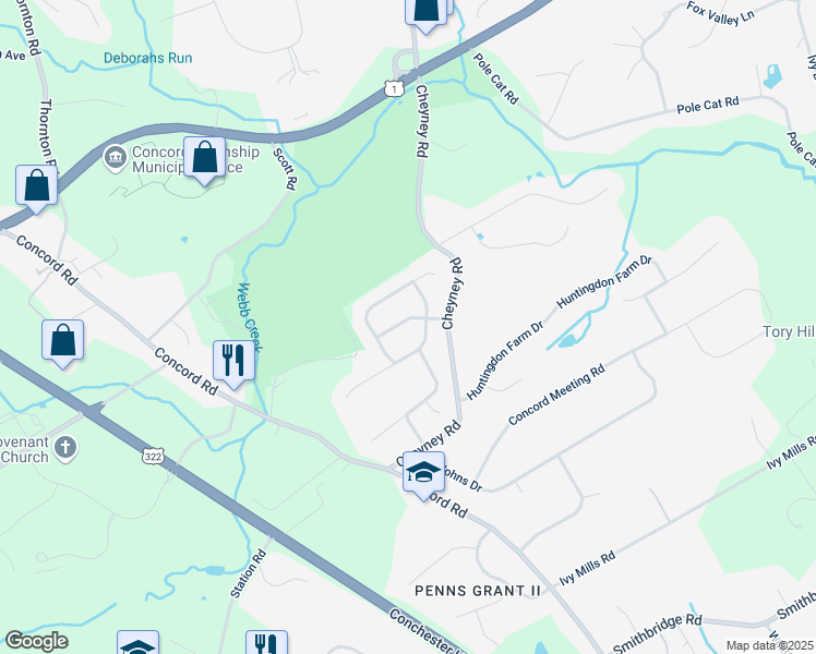 map of restaurants, bars, coffee shops, grocery stores, and more near 7 Millwright Drive in Glen Mills