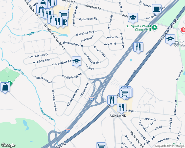map of restaurants, bars, coffee shops, grocery stores, and more near 104 Haddontowne Court in Cherry Hill