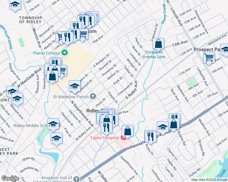 map of restaurants, bars, coffee shops, grocery stores, and more near 308 Purcell Street in Ridley Park
