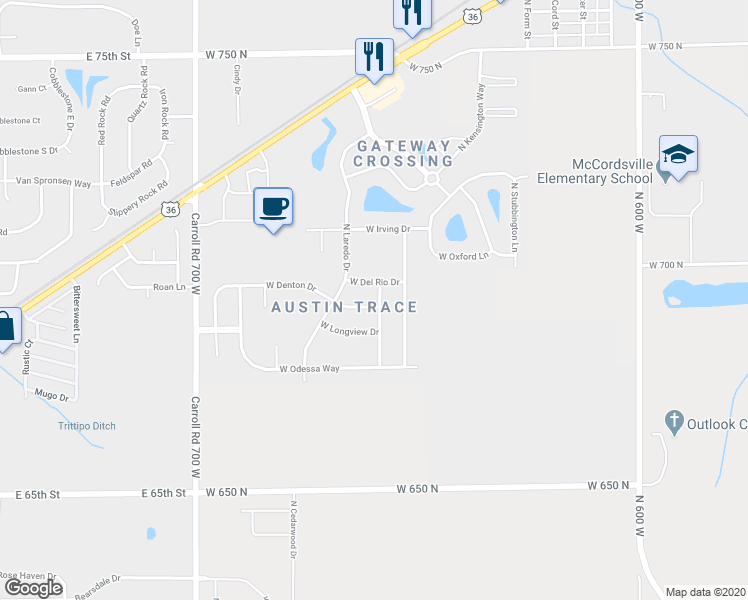 map of restaurants, bars, coffee shops, grocery stores, and more near 6630 West Denton Drive in McCordsville