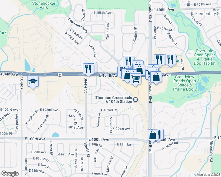map of restaurants, bars, coffee shops, grocery stores, and more near 3260 E 103rd Dr in Thornton
