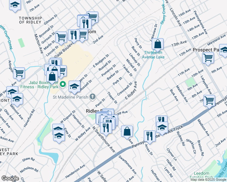 map of restaurants, bars, coffee shops, grocery stores, and more near 308 Purcell Street in Ridley Park