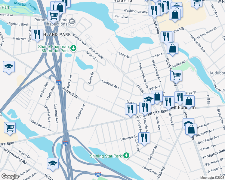 map of restaurants, bars, coffee shops, grocery stores, and more near 814 Lambert Avenue in Mount Ephraim