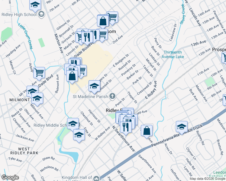 map of restaurants, bars, coffee shops, grocery stores, and more near 206 Barker Street in Ridley Park