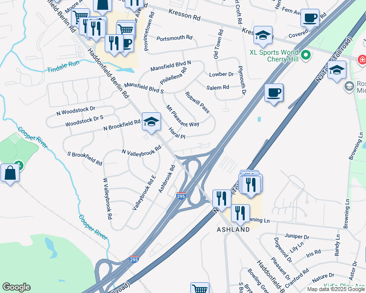 map of restaurants, bars, coffee shops, grocery stores, and more near 104 Haddontowne Court in Cherry Hill
