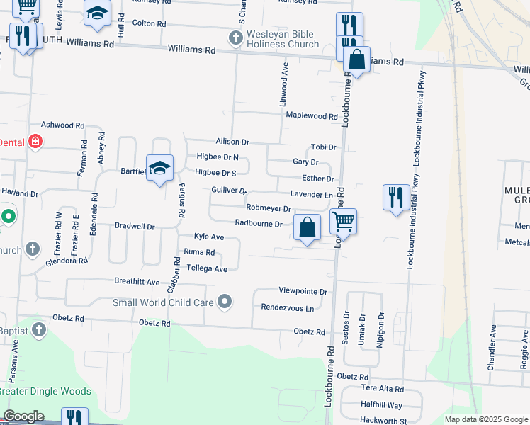 map of restaurants, bars, coffee shops, grocery stores, and more near 991 Robmeyer Drive in Columbus