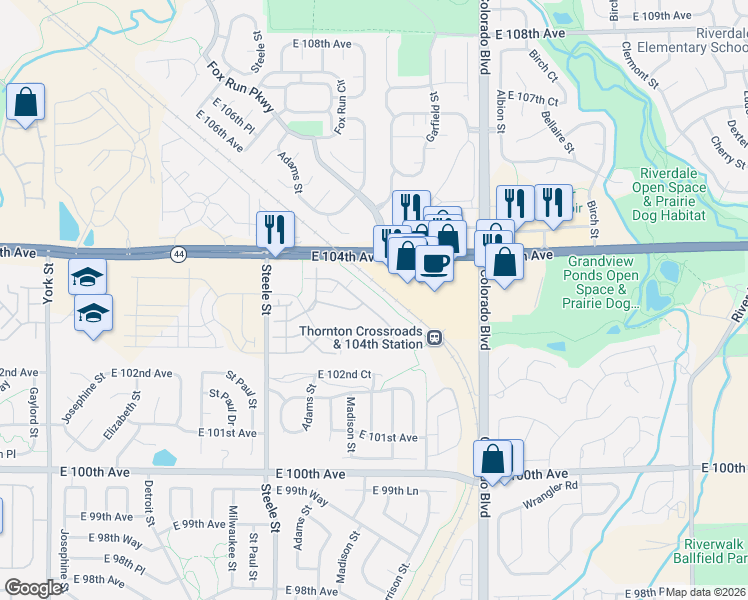 map of restaurants, bars, coffee shops, grocery stores, and more near 3281 East 103rd Place in Thornton