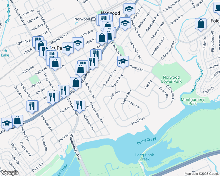 map of restaurants, bars, coffee shops, grocery stores, and more near 658 Seneca Avenue in Norwood
