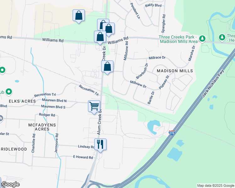 map of restaurants, bars, coffee shops, grocery stores, and more near 4083 Greenery Drive in Columbus