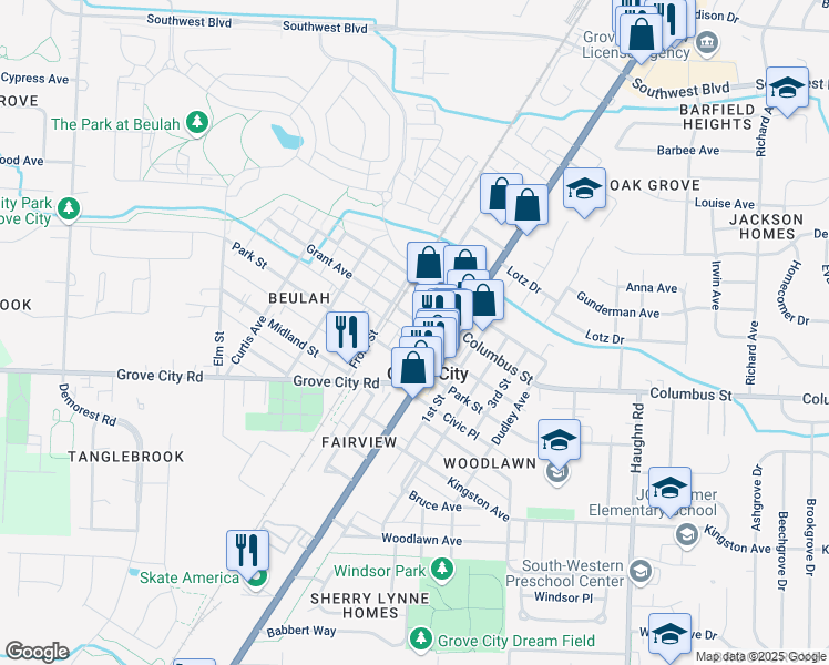 map of restaurants, bars, coffee shops, grocery stores, and more near 3425 Grant Avenue in Grove City