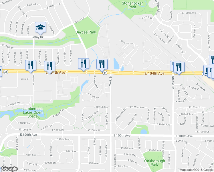 map of restaurants, bars, coffee shops, grocery stores, and more near 2237 East 103rd Court in Thornton