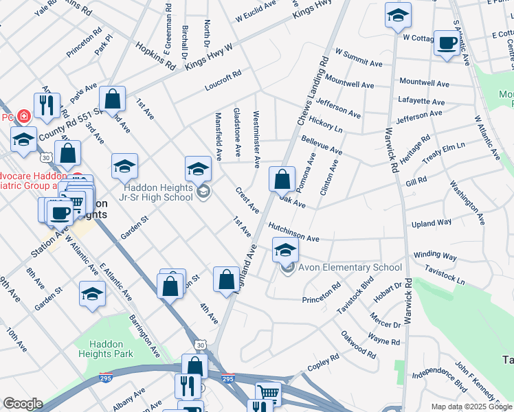 map of restaurants, bars, coffee shops, grocery stores, and more near 411 Crest Ave in Haddon Heights