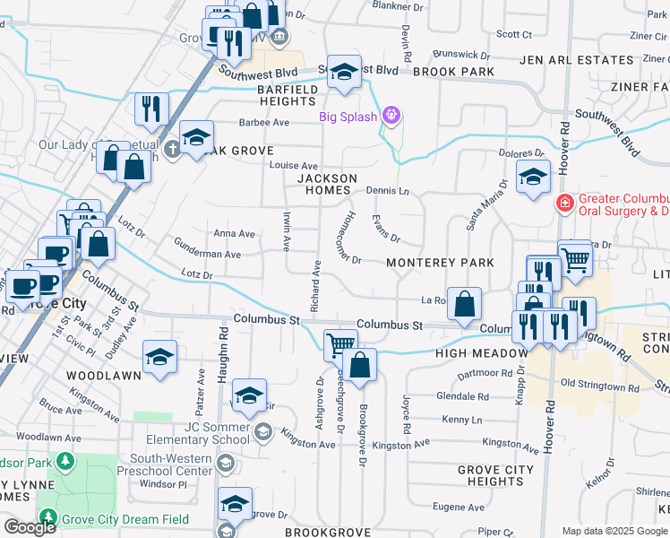 map of restaurants, bars, coffee shops, grocery stores, and more near 2926 La Rosa Drive in Grove City