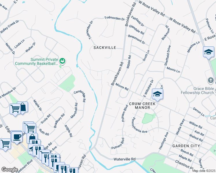 map of restaurants, bars, coffee shops, grocery stores, and more near 707 Brookhaven Road in Delaware County