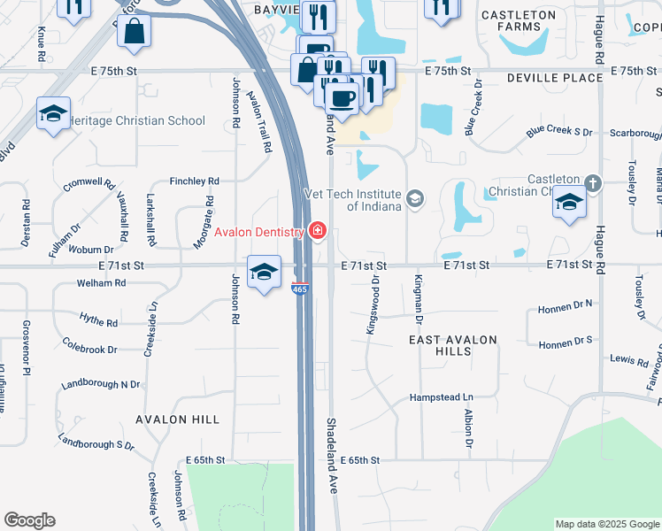 map of restaurants, bars, coffee shops, grocery stores, and more near N Shadeland Ave & E 71st St in Lawrence