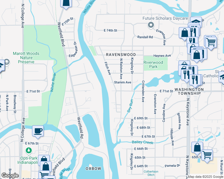 map of restaurants, bars, coffee shops, grocery stores, and more near 1480 East 71st Street in Indianapolis