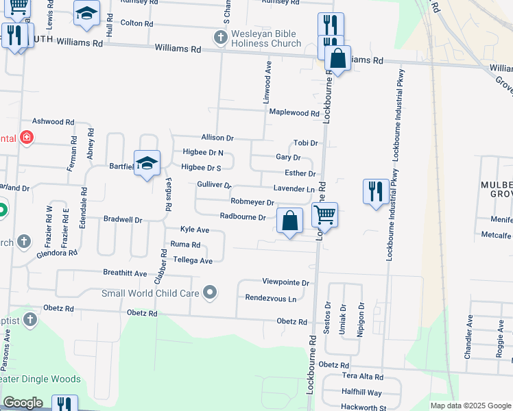 map of restaurants, bars, coffee shops, grocery stores, and more near 991 Robmeyer Drive in Columbus