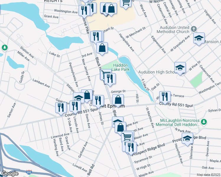 map of restaurants, bars, coffee shops, grocery stores, and more near 152 N Black Horse Pike in Mt Ephraim