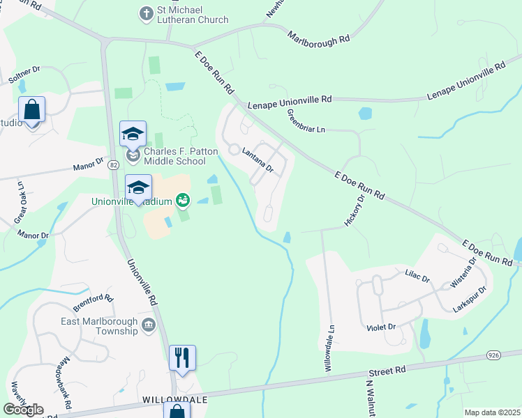 map of restaurants, bars, coffee shops, grocery stores, and more near 337 Astilbe Drive in Kennett Square