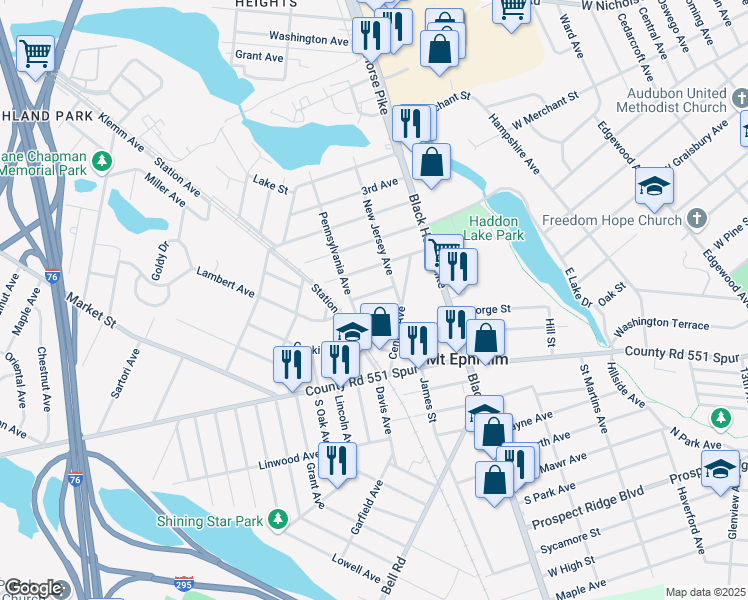 map of restaurants, bars, coffee shops, grocery stores, and more near 122 7th Avenue in Mount Ephraim