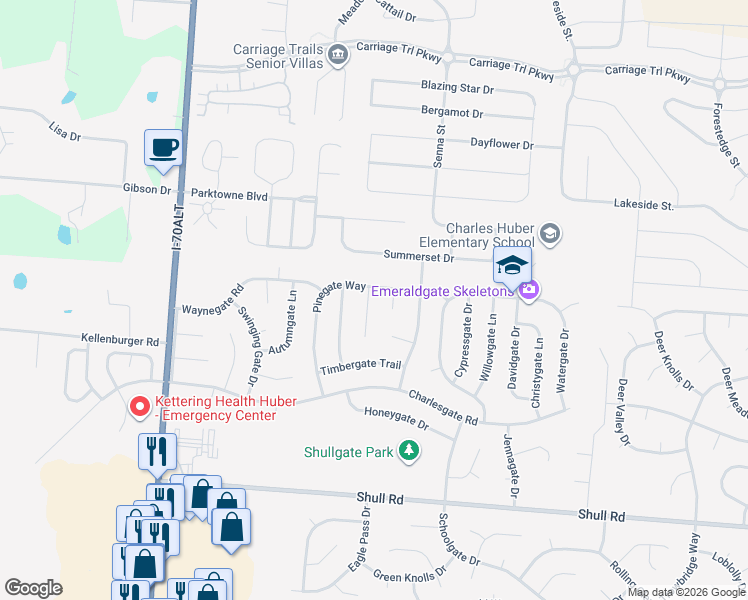 map of restaurants, bars, coffee shops, grocery stores, and more near 8988 Cedargate Place in Dayton