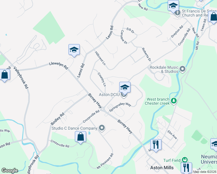 map of restaurants, bars, coffee shops, grocery stores, and more near 1685 Country Lane in Delaware County
