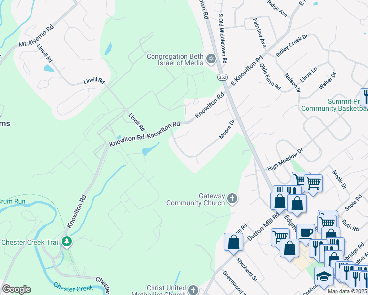 map of restaurants, bars, coffee shops, grocery stores, and more near 129 Moore Drive in Media