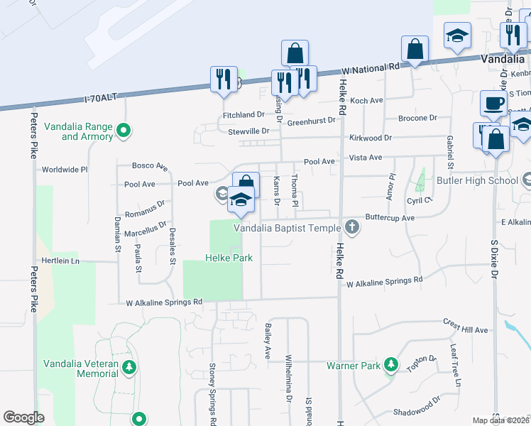 map of restaurants, bars, coffee shops, grocery stores, and more near 640 Bright Avenue in Vandalia