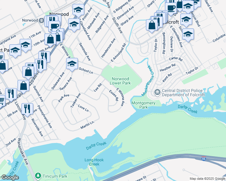map of restaurants, bars, coffee shops, grocery stores, and more near 429 Essex Road in Norwood