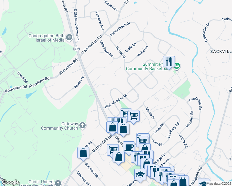 map of restaurants, bars, coffee shops, grocery stores, and more near 119 Meadowburn Lane in Media