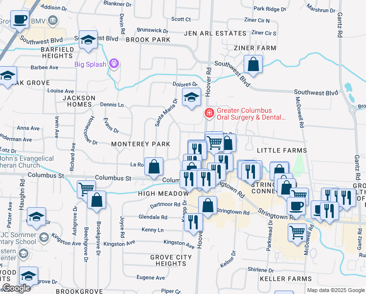 map of restaurants, bars, coffee shops, grocery stores, and more near 3918 La Rosa Drive in Grove City
