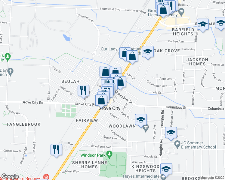 map of restaurants, bars, coffee shops, grocery stores, and more near Broadway & Columbus St in Grove City
