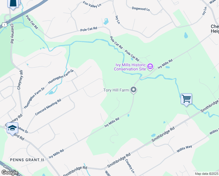 map of restaurants, bars, coffee shops, grocery stores, and more near 64 Jeremiah Collett Road in Glen Mills