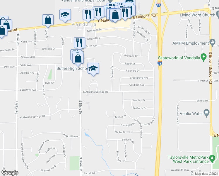 map of restaurants, bars, coffee shops, grocery stores, and more near 717 Bennert Drive in Vandalia
