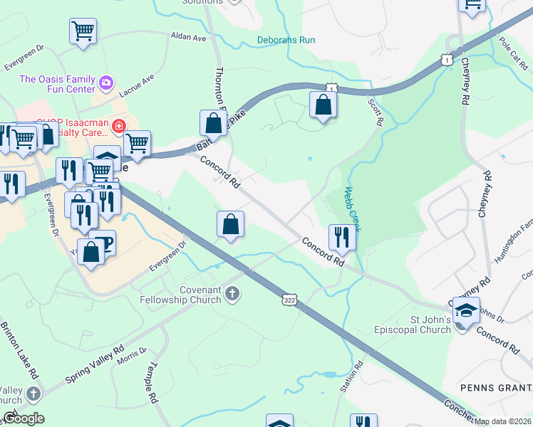 map of restaurants, bars, coffee shops, grocery stores, and more near 786 Concord Road in Glen Mills